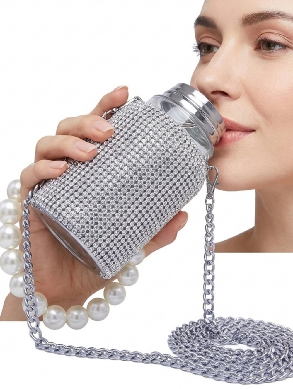 Stainless Steel Rhinestone Silver Tumbler with chain